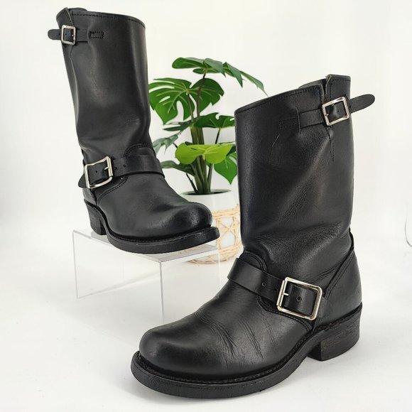 Frye Women’s Engineer 12R Black Leather Boots Size 6M - Picture 1 of 8